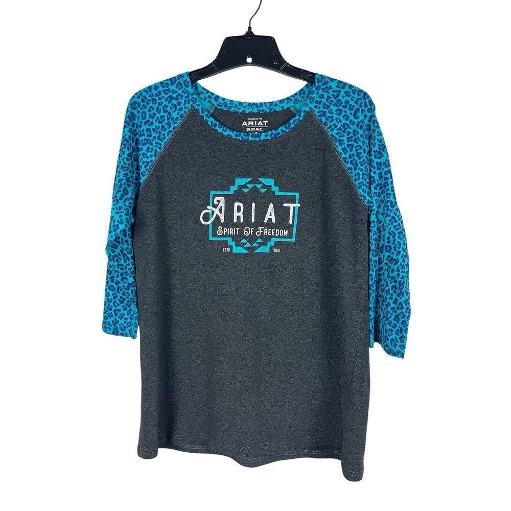 Ariat Women’s L Gray Blue Leopard Print 3/4 Sleeve Western Logo NWT Classic Fit